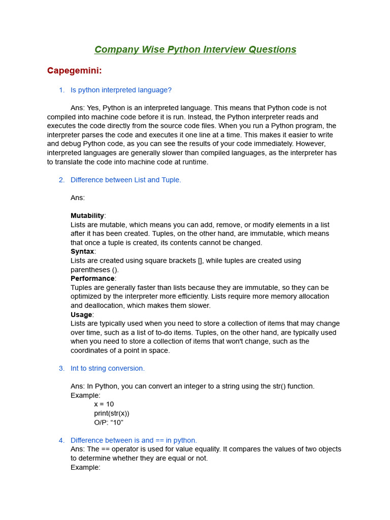 Company Wise Python Interview Questions: Capegemini | PDF