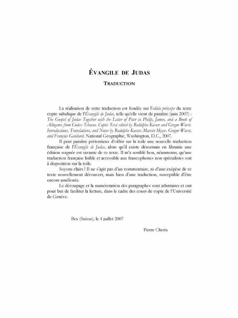 L'Évangile de Judas - Traduit Du Copte Par Pierre Cherix - Text | PDF