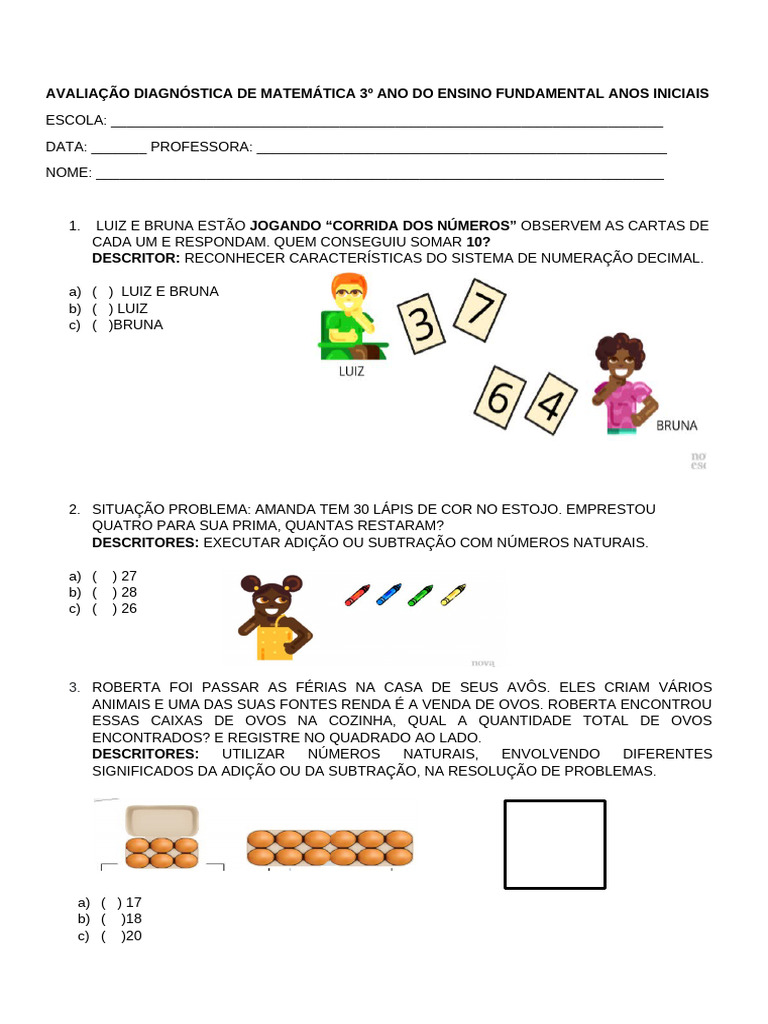 Avaliação Diagnóstica de Matemática 3º Ano | PDF