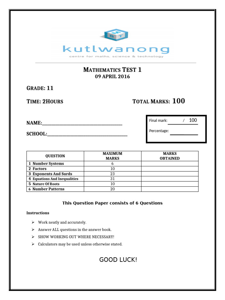 Grade 11 Mathematics Test Paper 2016 | PDF | Triangle | Algebra