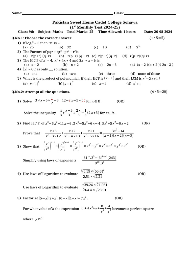 9th Monthly Test 1 | PDF
