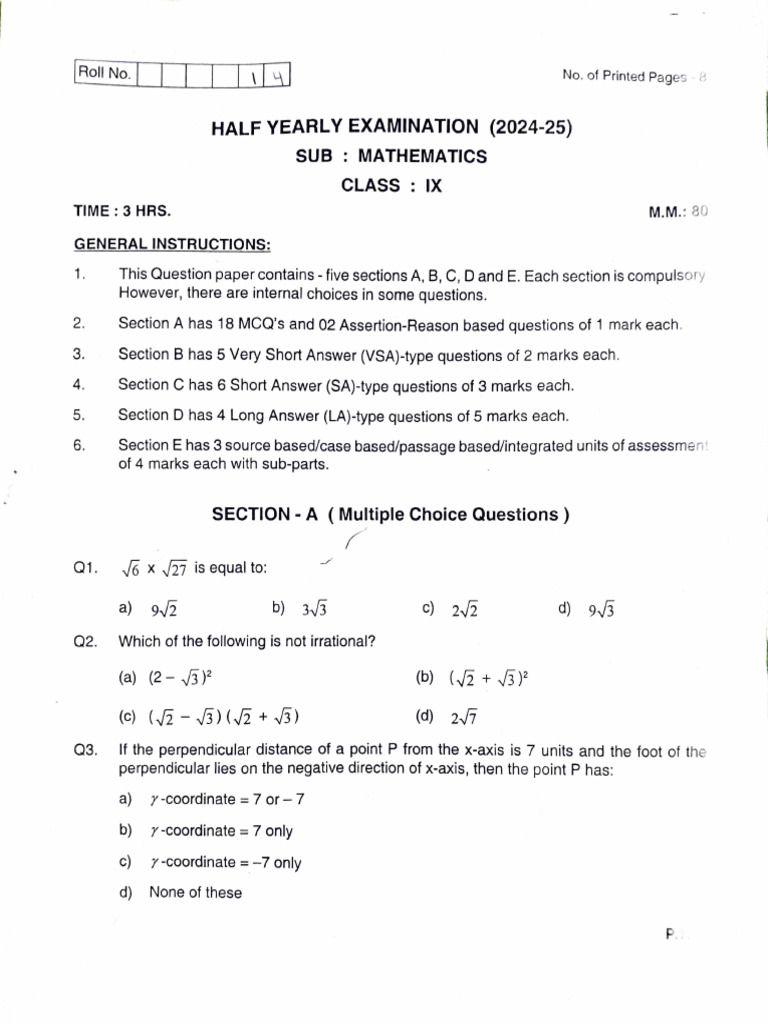 Maths Half Yearly Question Paper | PDF