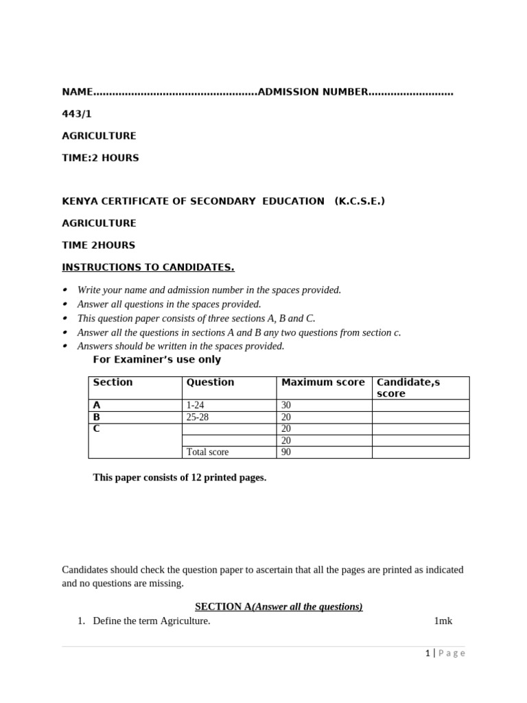 agriculture form 3 p1 | PDF