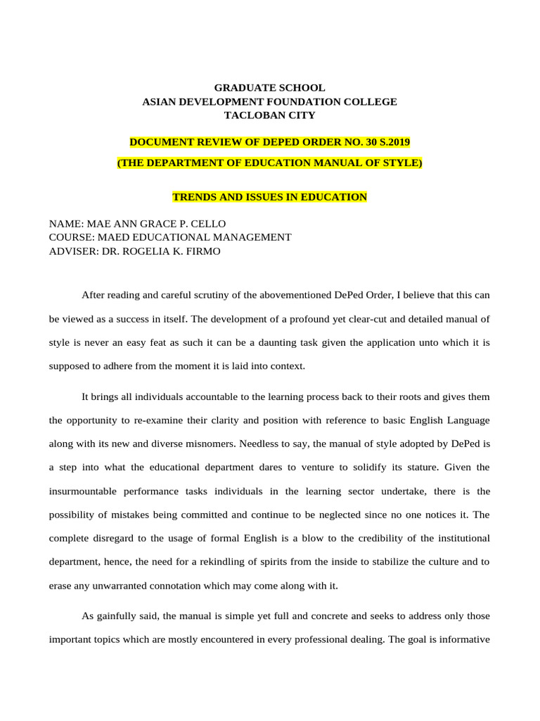 DOCUMENT REVIEW OF DEPED ORDER NO. 30 S 2019 | PDF