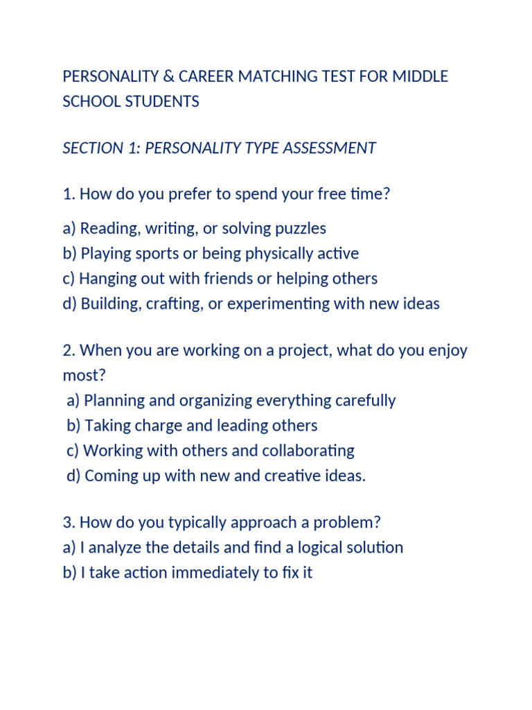 Nurturekit Personality To Career Testing For Middle School Students | PDF