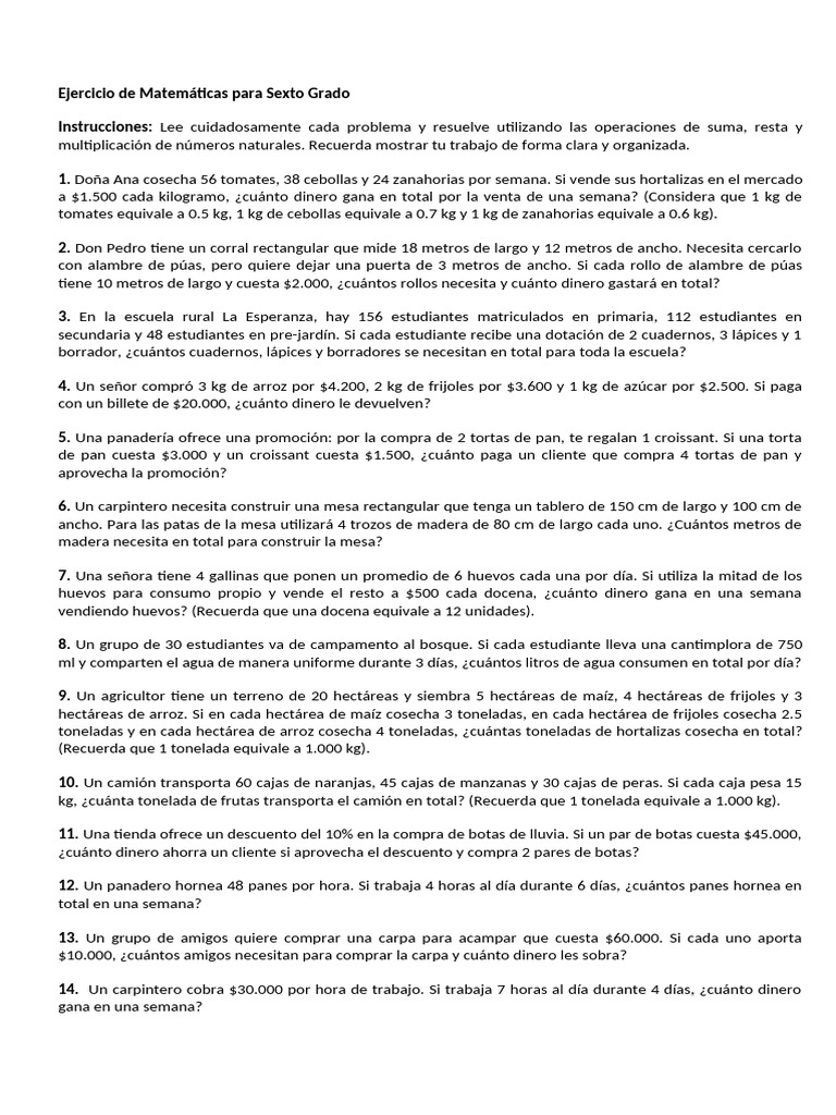 Ejercicio de Matemáticas para Sexto Grado | PDF