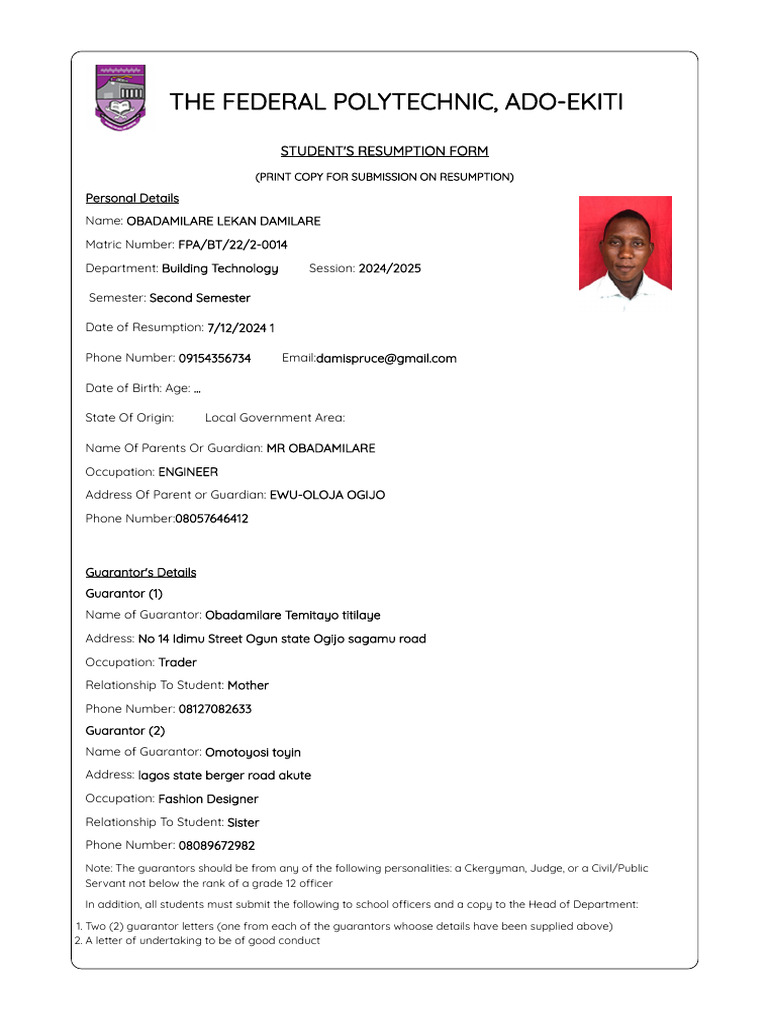 Damilare Resumption Form | PDF