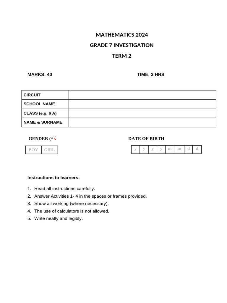 Grade 7 Mathematics Investigation Term 2 2024 | PDF