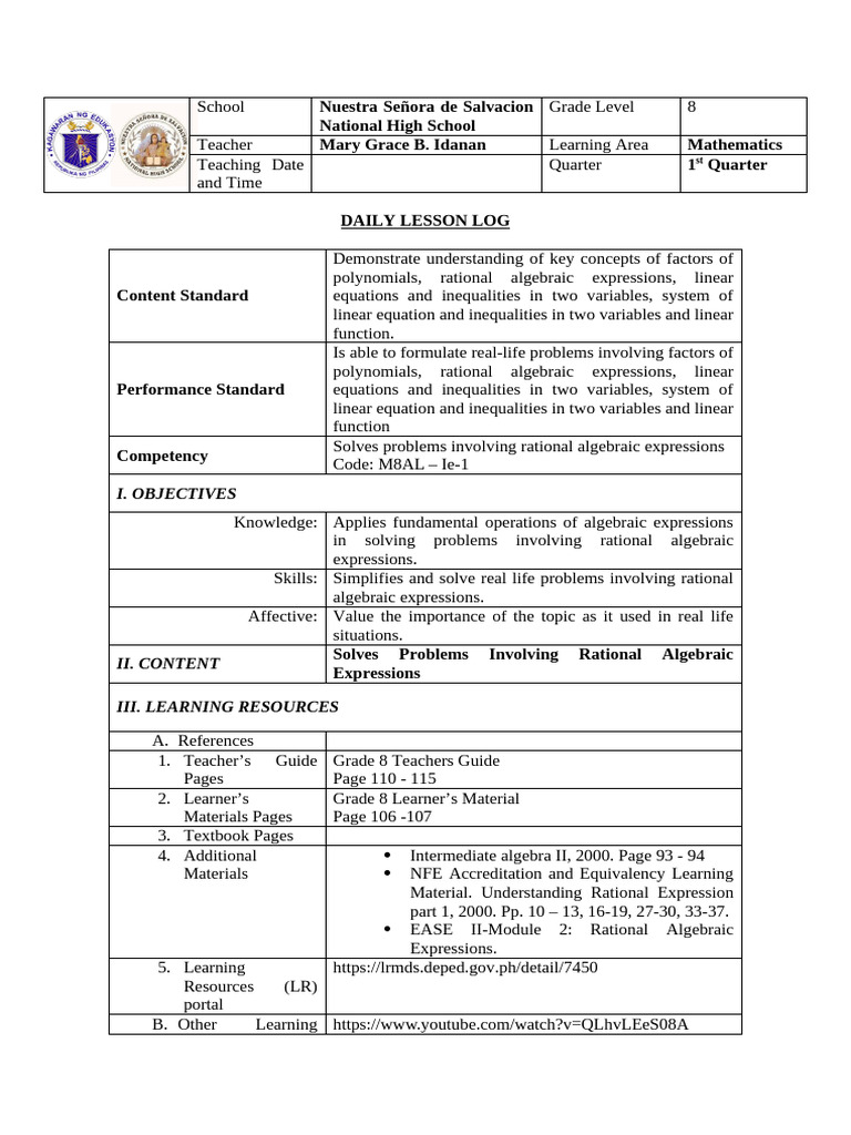 DLL Math 8 D13 | PDF