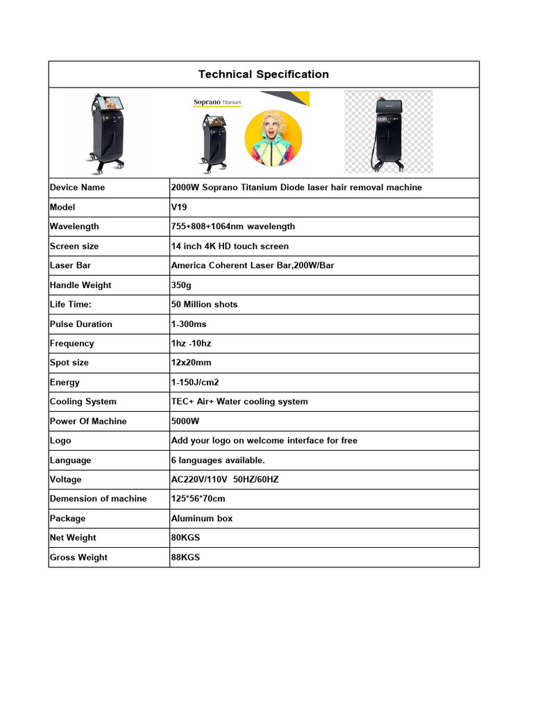 Technical Specification - 2000W Soprano Titanium Machine | PDF