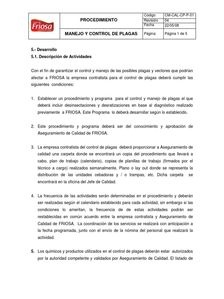 Procedimiento Manejo y Control de Plagas | PDF | Plaga (organismo) | Aves