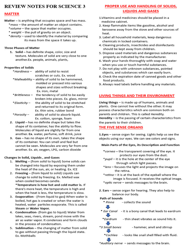 Review Notes For Grade 3 Science Quiz | PDF