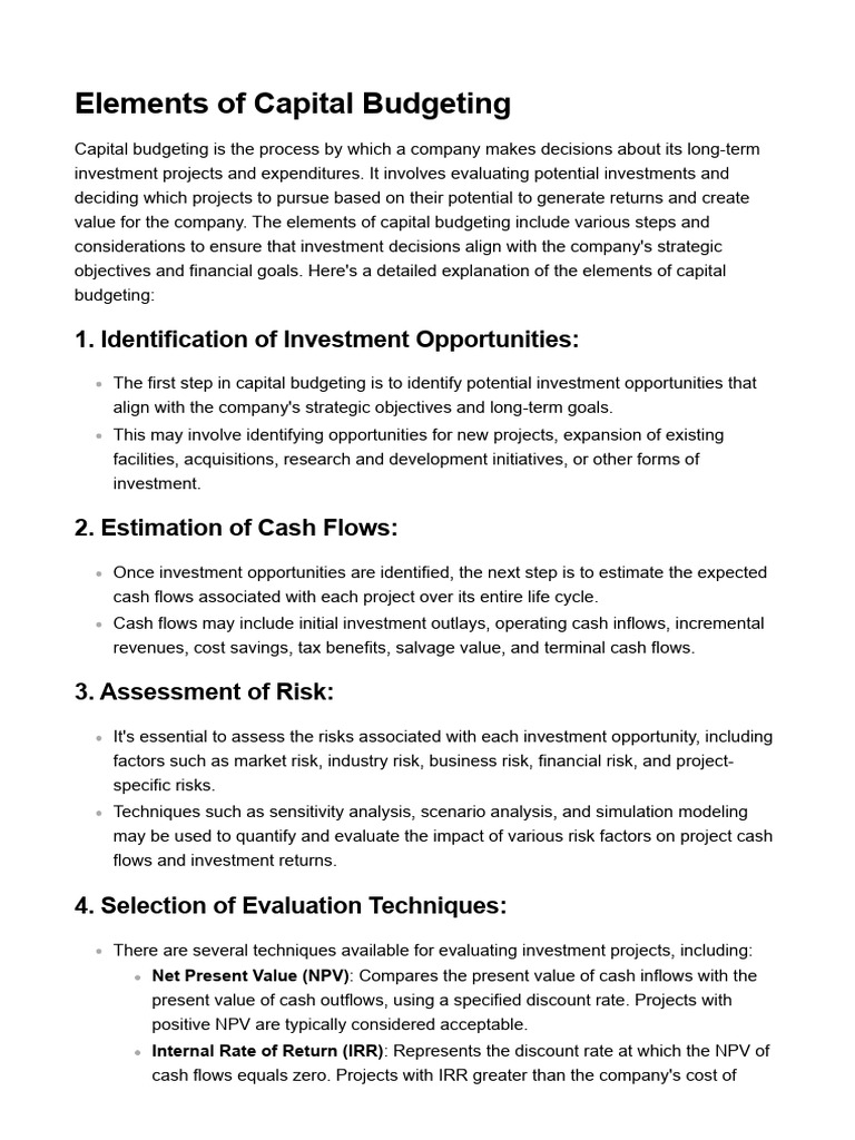 Key Elements of Capital Budgeting | PDF | Capital Budgeting | Net ...