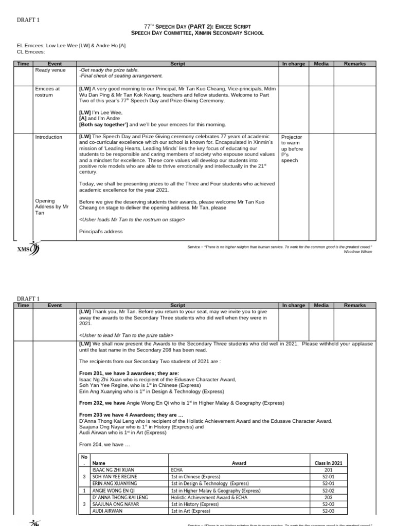Emcee Script - Speech Day 2022 - Upp Sec | PDF