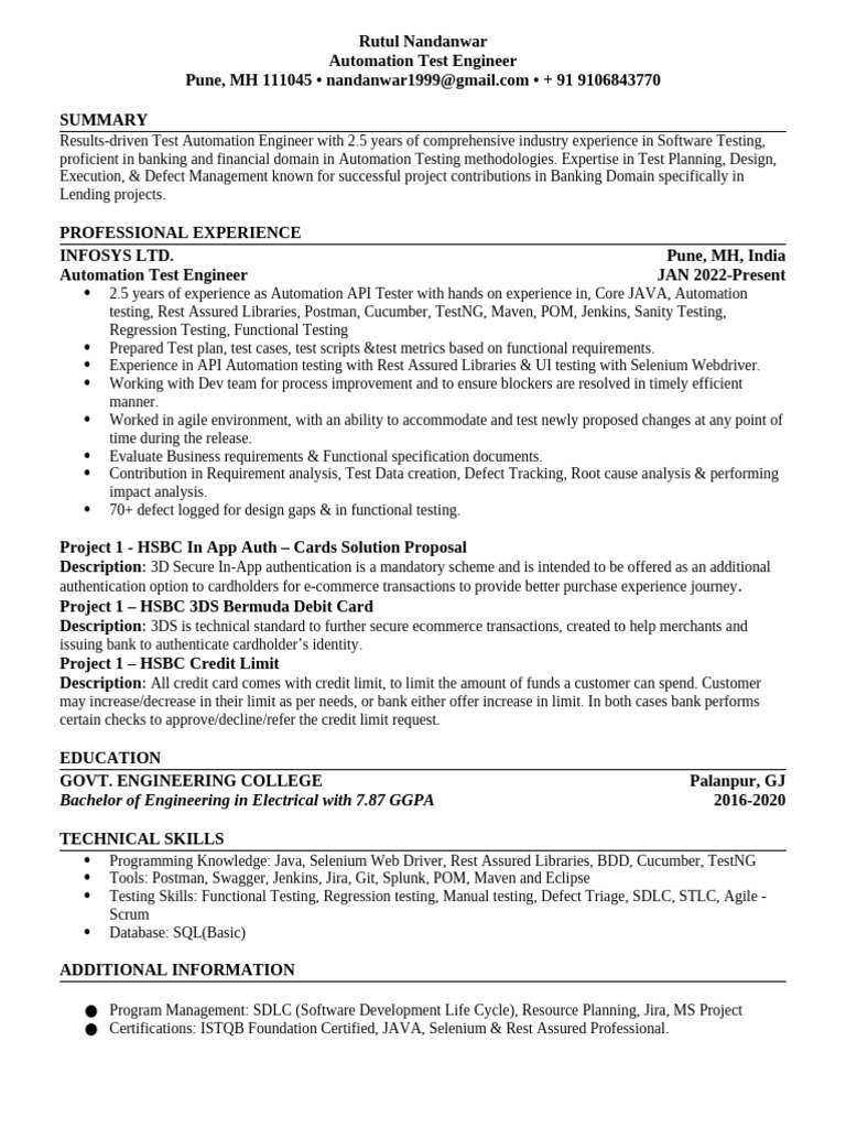 Automation Test Engineer Profile - Pune | PDF | Software Testing ...