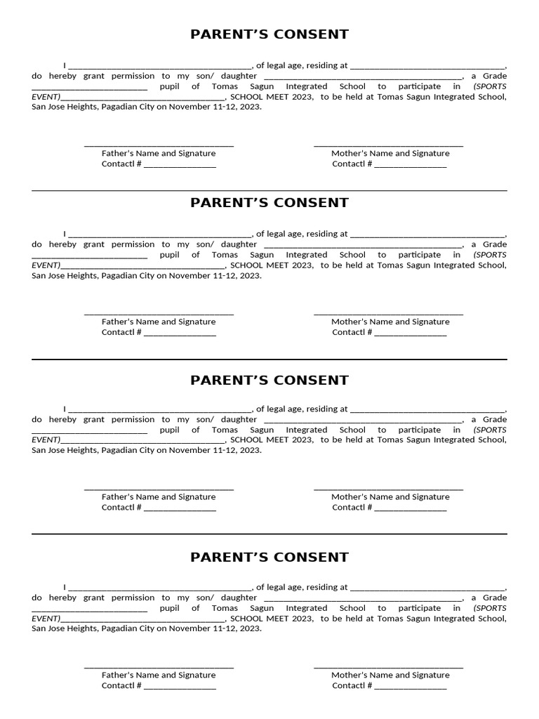 Parents Consent School Meet - With SPORTS EVENT | PDF