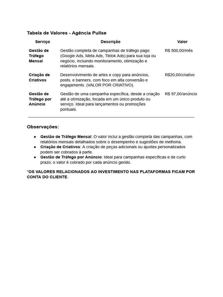 Tabela de Valores Criativos Tráfego - Agência Pullse | PDF