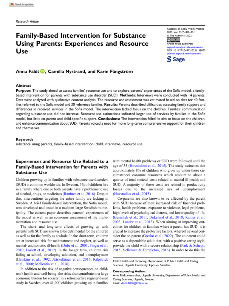 Faldt Et Al 2022 Family Based Intervention For Substance Using Parents ...