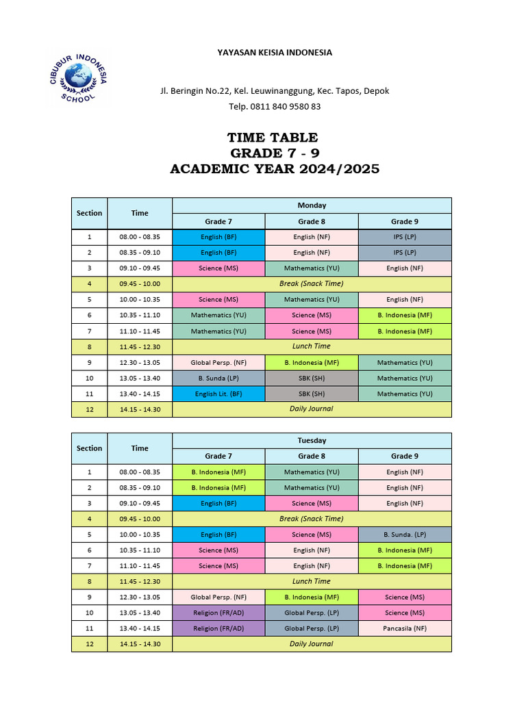 Timetable JHS 24-25-1 | PDF