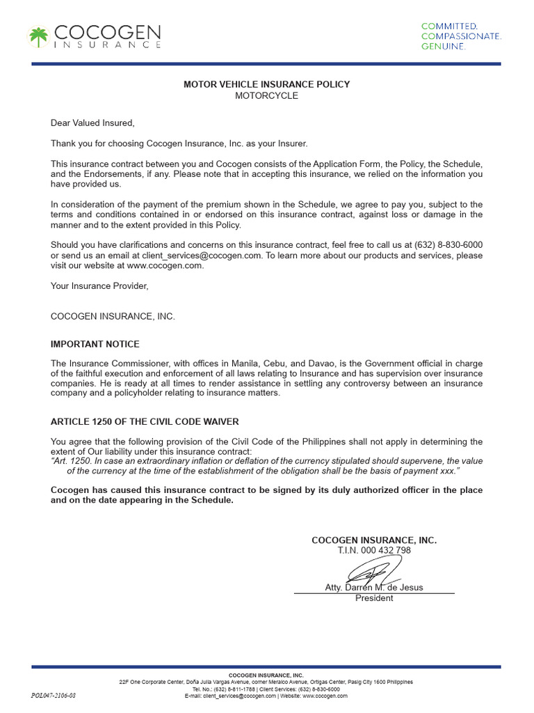 Motor Vehicle Insurance Policy - Motorcycle | PDF