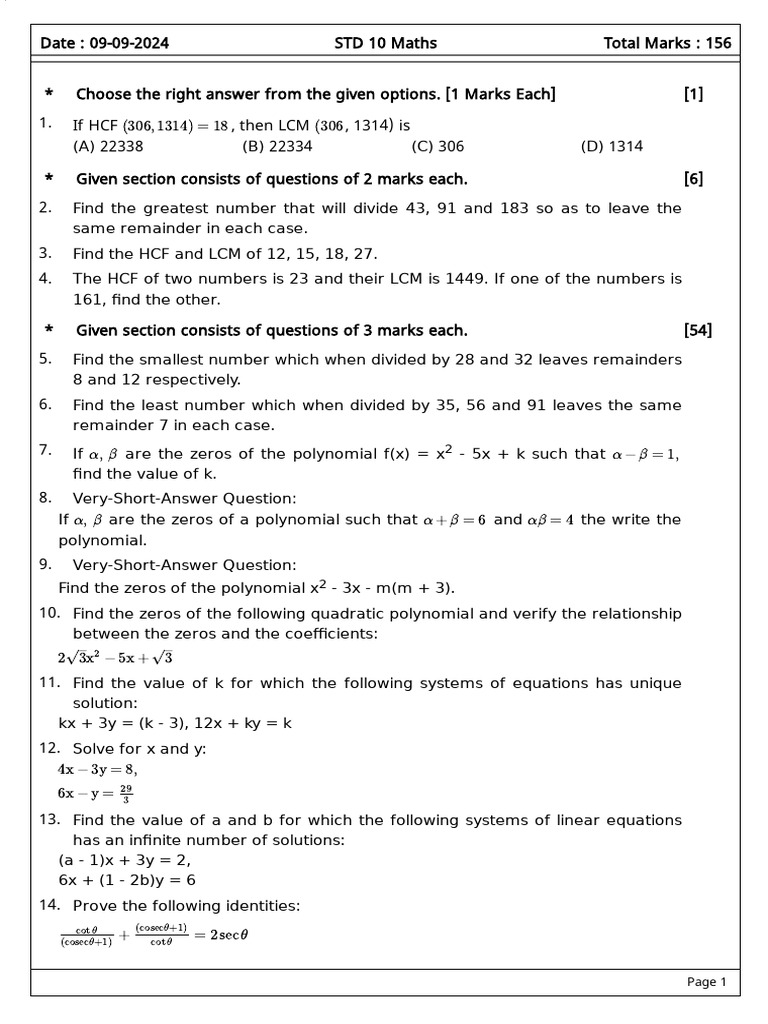 Math Problems On Hcf Lcm And Polynomials Pdf Equations Teaching