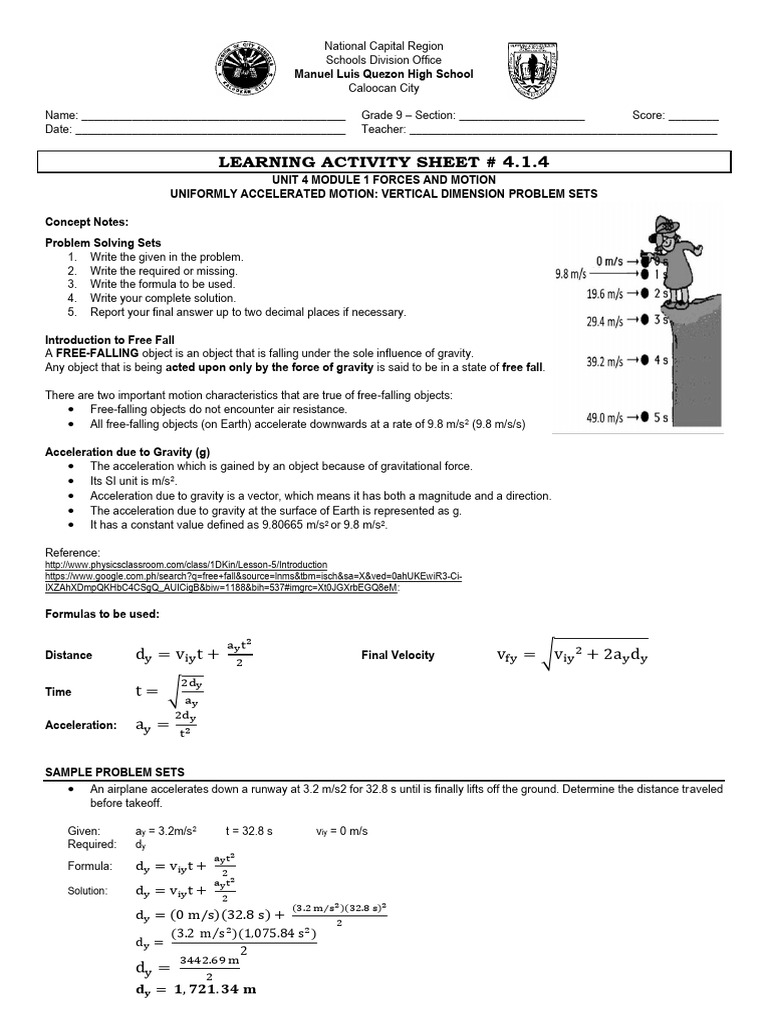 Science 9 LAS 4.1.4 UNIFORMLY ACCELERATED MOTION VERTICAL DIMENSION ...