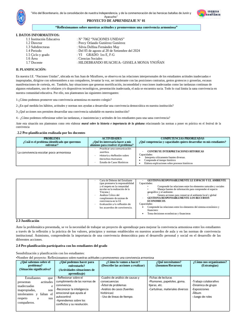 Proyecto de Aprendizaje N 1 Cc. SS 1ro e | PDF