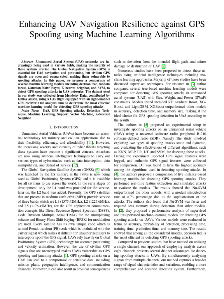 Enhancing UAV Navigation Resilience Against GPS Spoofing Using Machine ...