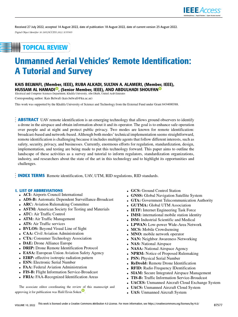 Unmanned Aerial Vehicles Remote Identification A Tutorial And Survey Pdf
