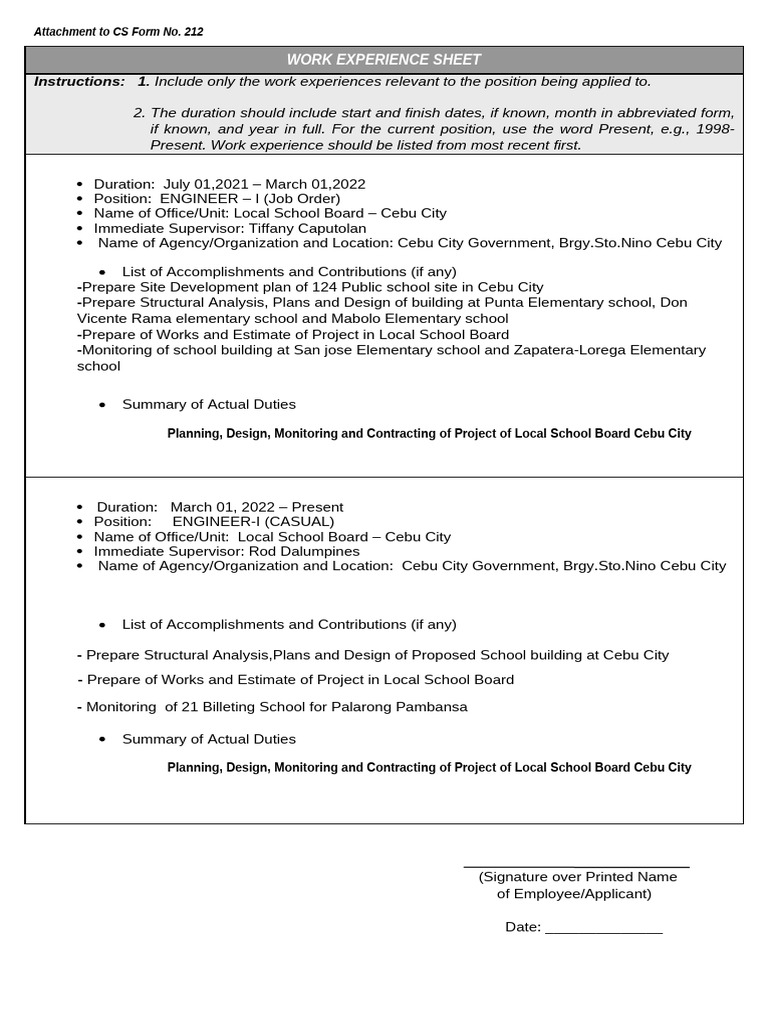 Work Experience Sheet Cs Form No 212 Word