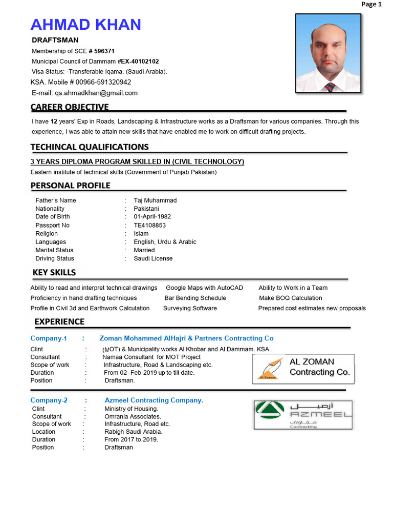 03-Resume For DRAFTSMAN Job-Ahmad Khan) | PDF