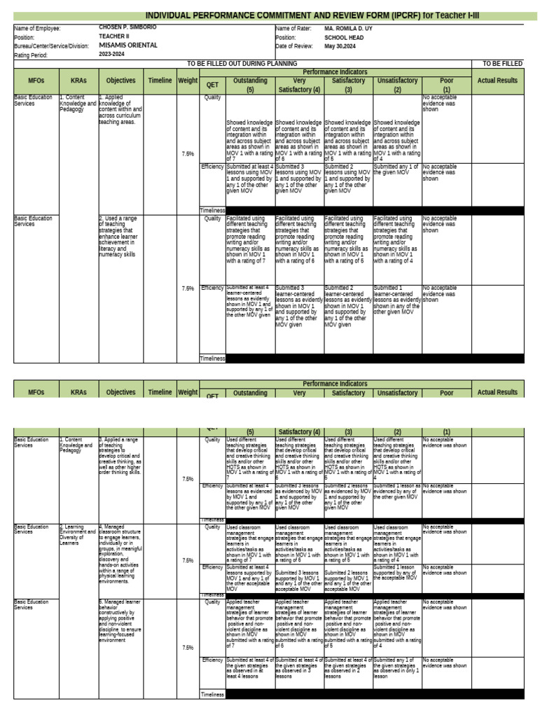 Standard IPCRF 2024 For Teachers Final Version (Fixed Cells To Fit 8.5 ...