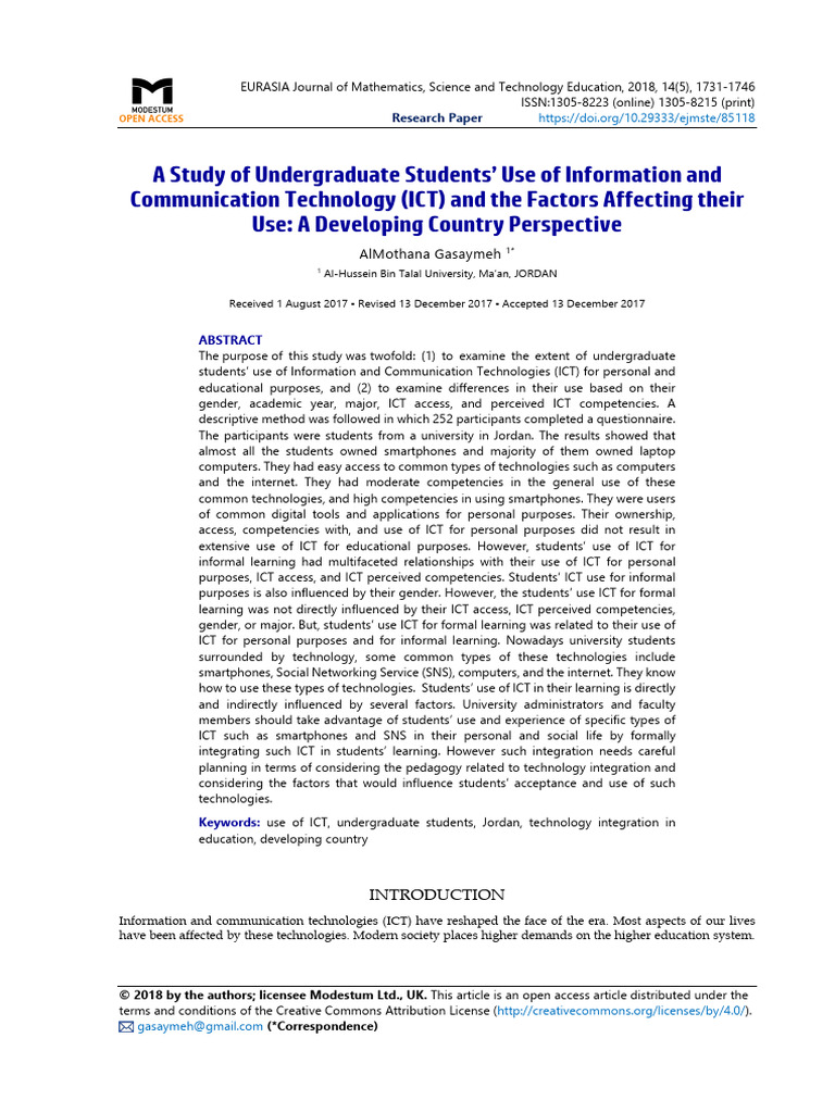 A Study of Undergraduate Students' Use of Information and Communication ...
