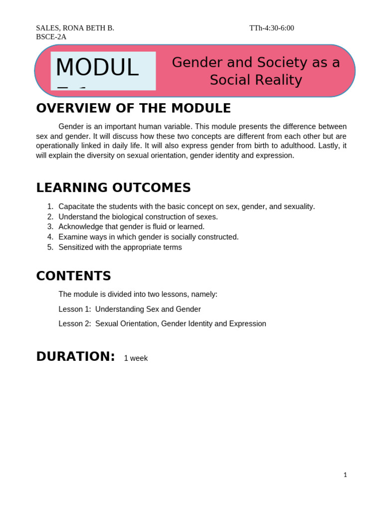 Module 1 Gender and Society | PDF