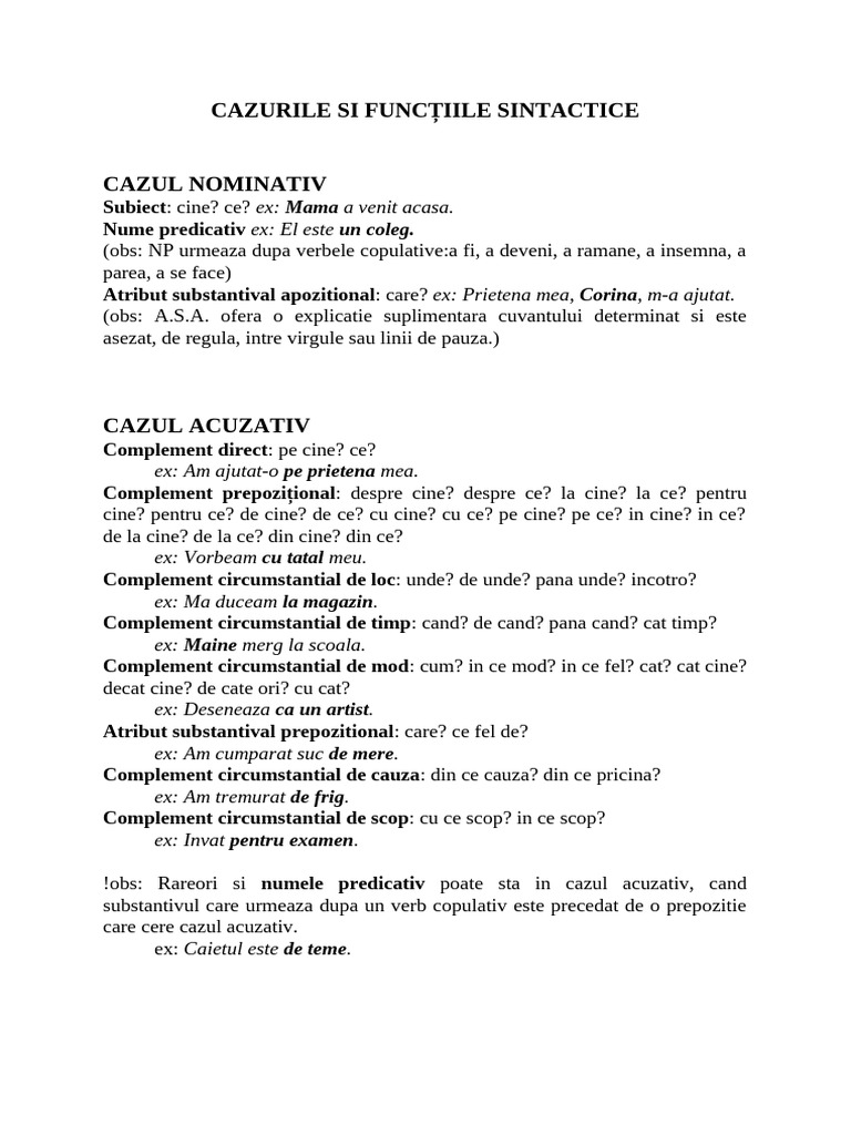 Cazurile Si Functiile Sintactice | PDF