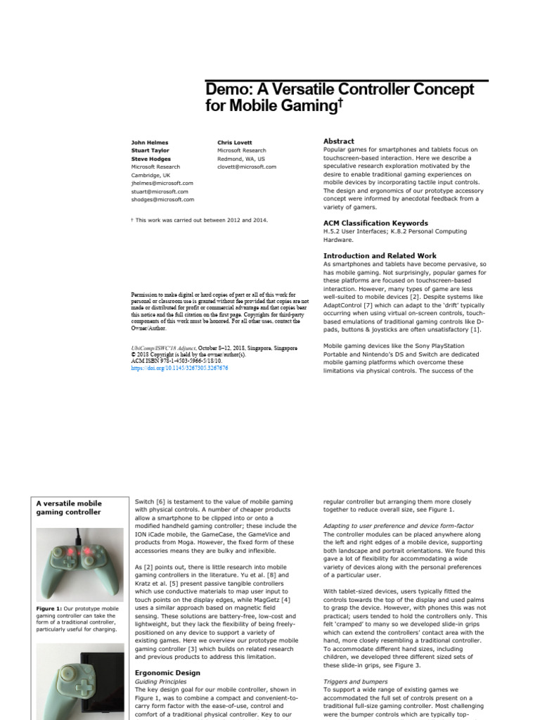UbiComp 2018 Mobile Gaming Controller Demo | PDF