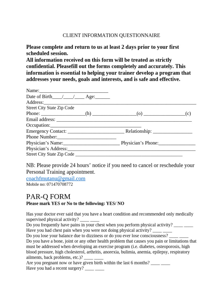 Client Fitness Information Questionnaire | PDF | Physical Fitness ...