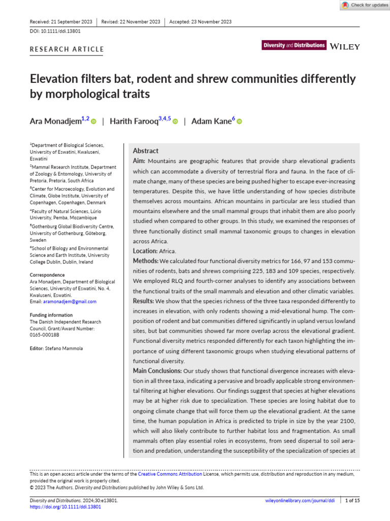 Elevation Effects on Small Mammal Diversity | PDF | Biodiversity ...