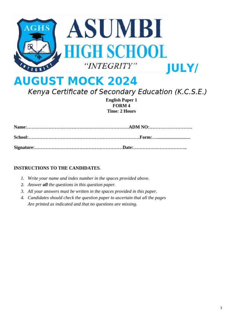 KCSE 2024 English Paper 1 Mock Exam | PDF | Poaching | Crime & Violence
