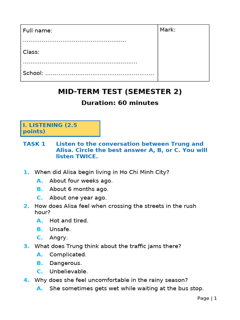 MID-TERM TEST 2 (Semester 2) | PDF