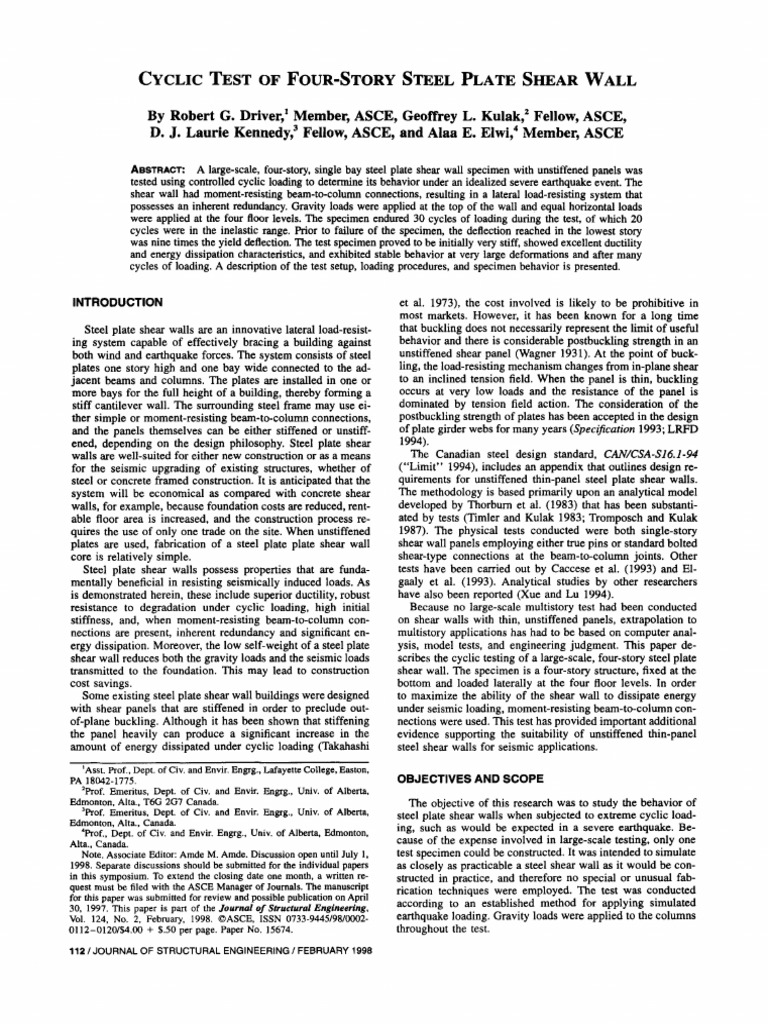 Cyclic Test of Four-Story Steel Plate Shear Wall | PDF