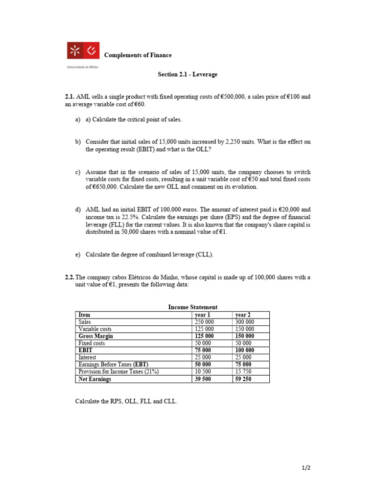 2.1. Exercises - Financial Leverage | PDF