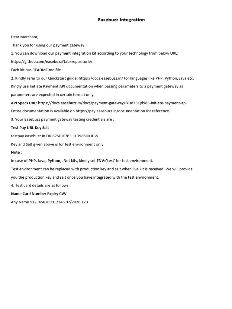 Easebuzz Payment Gateway Integration Guide | PDF