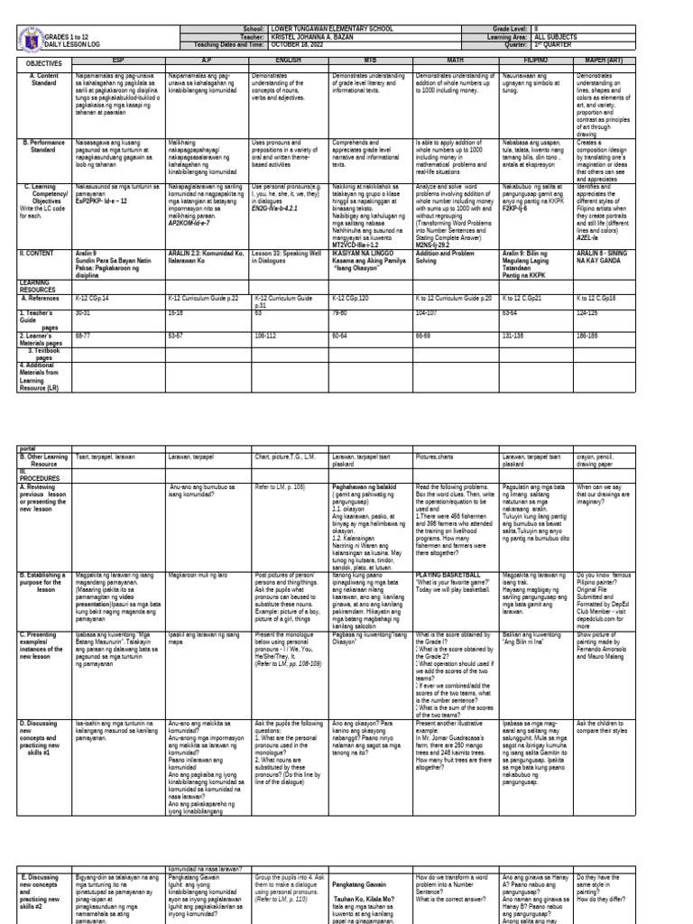 Grade 2 Daily Lesson Log Overview | PDF | Linguistics | Syntax