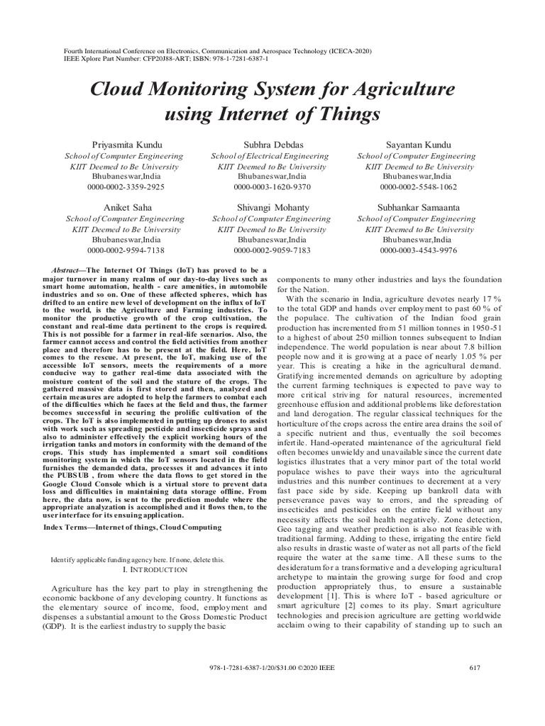 Cloud Monitoring System For Agriculture Using Internet of Things | PDF