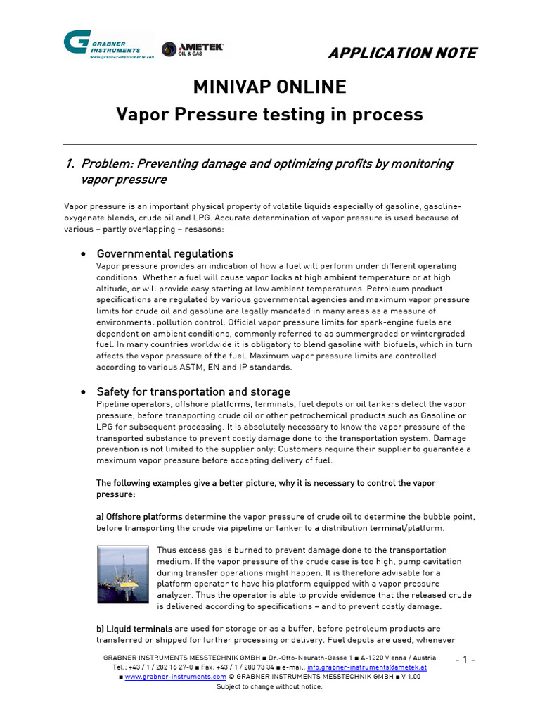 Application Note Minivap Online Vapor Pressure Testing in Process | PDF