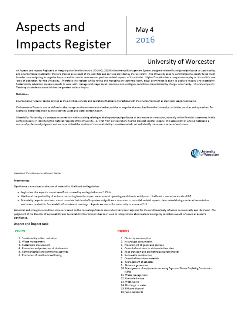 Aspects and Impacts Register 2016 | PDF | Waste | Chlorofluorocarbon