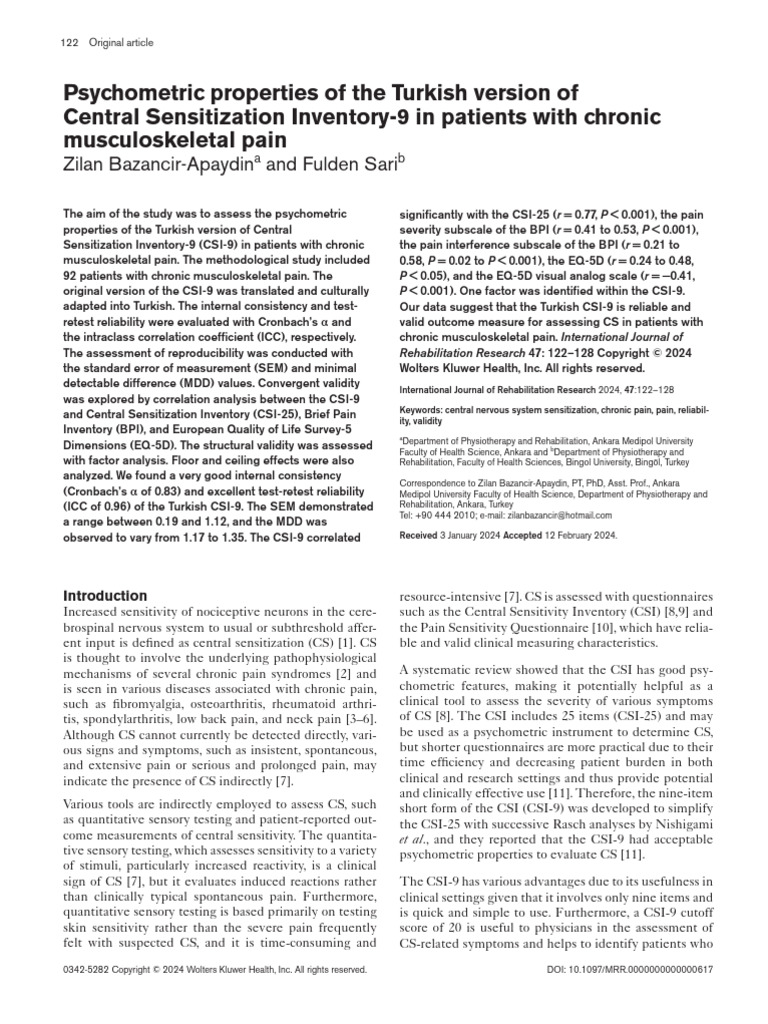 Psychometric Properties of The Turkish Version of Central Sensitization ...
