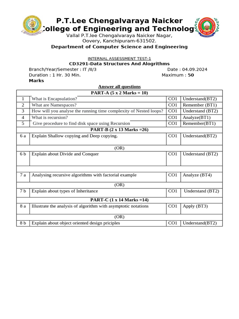 CD3291 Data Structure and Algorithms - IAT1 | PDF | Teaching Methods ...