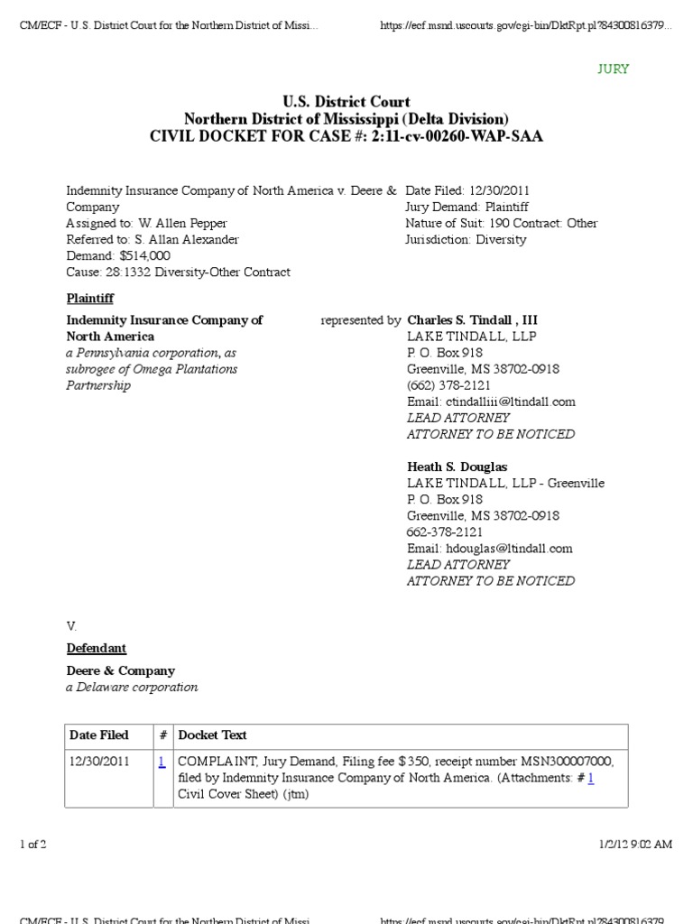 Indemnity Insurance v. Deere Case Docket | PDF | Politics | Law